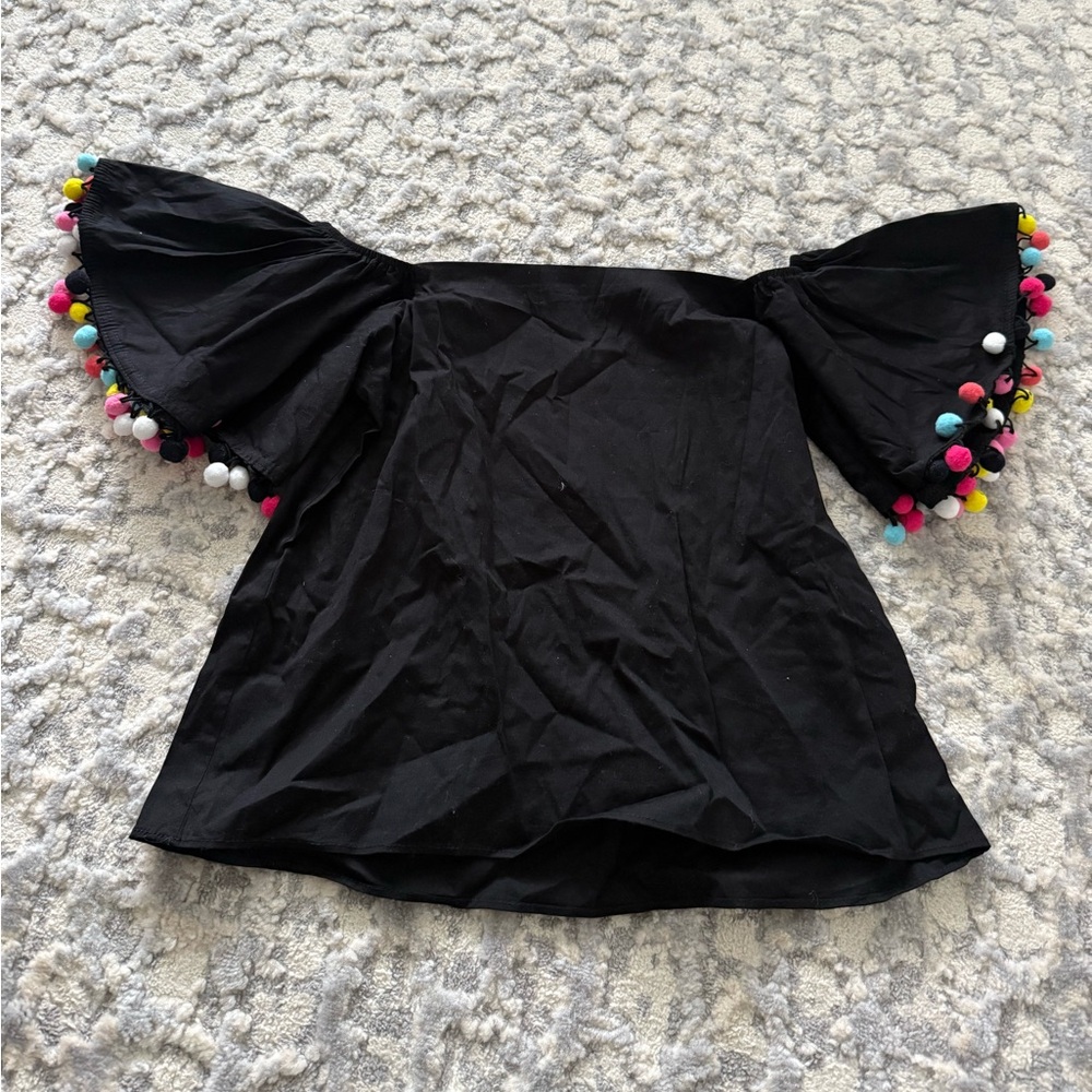 Design Lab Lord & Taylor Black Off Shoylder Blouse with Colorful Pom-Pom Sleeves